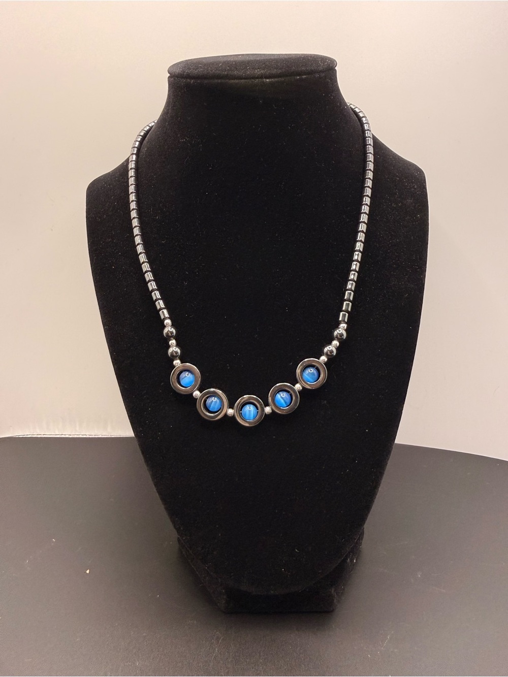 Hematite Beads Necklace with Light Blue Cat's Eye Stones 18-20 inches